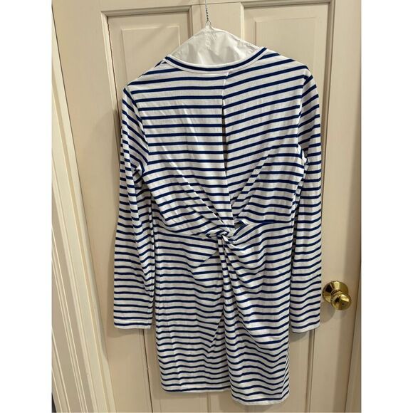 A.L.C. White Blue Striped Knit Long Sleeve Knotted Open Back T-Shirt Dress - Picture 5 of 5